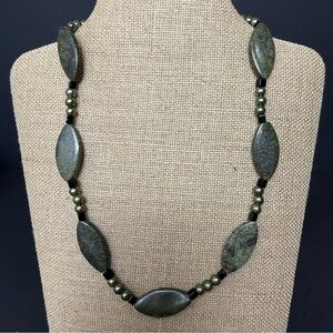 Serpentine Gemstone Necklace With Faux Pearl and Glass Toggle Clasp 18”